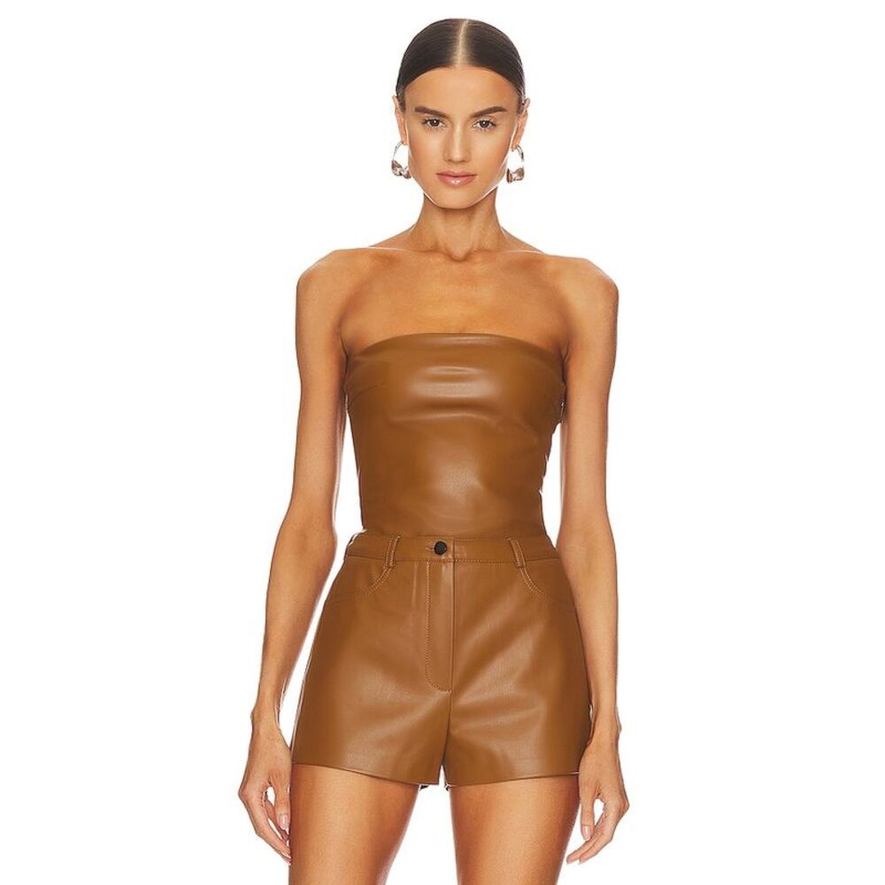 CULTNAKED Strapless Faux Leather Tube Top in Cognac Brown